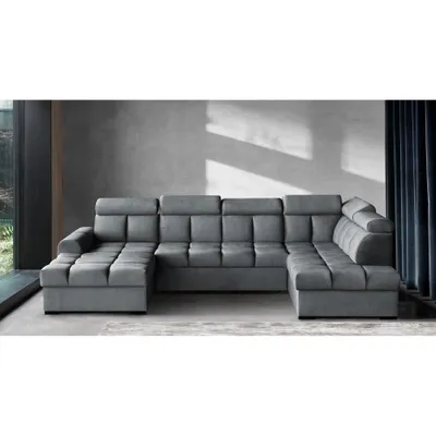 Produktbild von Ecksofa Gomez U-Form rechts mit Schlaffunktion und 2x Bettkasten, Polsterecke in Veloursstoff Grau