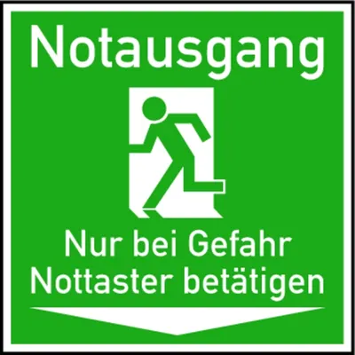 Produktbild von Aufkleber Notausgang Nur bei Gefahr Nottaster betätigen, langnachleuchtend 150x150mm