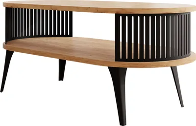 A coffee table with a wooden top and shelf, supported by black metal legs and sides.