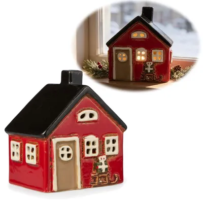Produktbild von LS-LebenStil Teelichthaus Lichterhaus Nyhavn 10cm Rot Schwarz Keramik Fachwerkhaus Teelichthalter