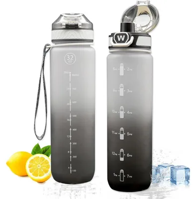 Productafbeelding van Drinkfles van 1 liter met tijdmarkeringen, BPA-vrij, lekvrij, zwart-grijs
