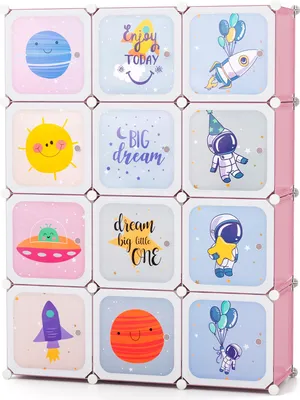 Produktbild von COSTWAY Kinder Kleiderschrank, Regalsystem mit 12 Würfeln, Kinderregal erweiterbar mit Türen & 2 Aufhänger, Aufbewahrungsschrank, Rosa+Weiß