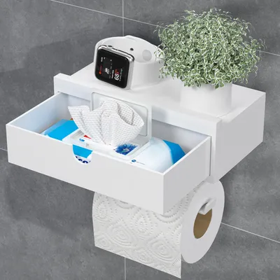 Produktbild von 3-in-1 Toilettenpapierhalter mit cleverer Ablagefläche für Feuchttücherbox und integrierter Schublade Ideal für Damenhygieneartikel (Weiß)