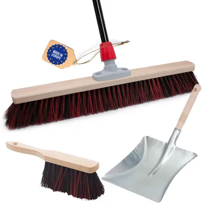 Produktbild von Novaliv Straßenbesen mit Stiel 60 cm Arenga-Elaston Borsten inkl. Kehrgarnitur schwarz bestehend aus Kehrblech und Handfeger Ideal als Gartenbesen Terassenbesen Stallbesen Kehrbesen Outdoor broom
