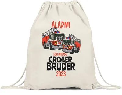 Produktbild von Ich Werde Großer Bruder 2023 Turnbeutel Gymsack Ankündigung Schwangerschaft Feuerwehr-Auto Alarm Babynews