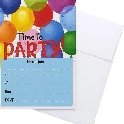 Productafbeelding van Famanu uitnodigingskaarten voor een kinderfeestje, met bijbehorende enveloppen - Thema: "Tijd om te vieren" (20 stuks)