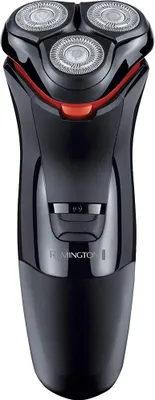A black electric shaver with red accents is shown against a white background.