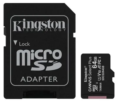 Produktbild von Kingston Technology 64GB microSDXC Canvas Select Plus Gen3 100MB/s A1 (Einschließlich SD Adapter), 64 GB, MicroSDXC, Klasse 10, UHS-I, 100 MB/s, Class 1 (U1)