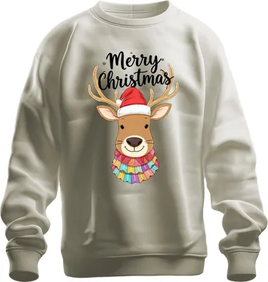Produktbild von Merry Christmas Weihnachten Rentier Nikolausmütze niedlich bunt Uni Sweatshirt Pullover, Natur, XL