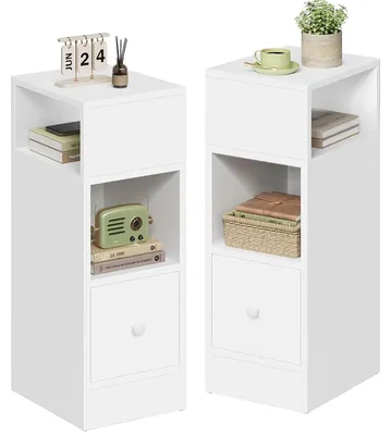 Produktbild von Set mit 2 schmalen Nachttischen - Beistelltische - Mit Schublade und 2 offenen Fächern - 25x30x66 cm - Holz - Weiß