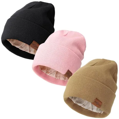 Produktbild von Strickmütze Damen Herren Wintermütze Satingefüttert Pink/Khaki/Schwarz 3er-Set