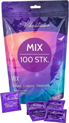 Zdjęcie produktu dla Prezerwatywy VIBRATISSIMO Mix, opakowanie mieszane 100 sztuk | naturalne doznania i dodatkowe nawilżenie | cienka ścianka i aromatyzowane | delikatne wypustki i żłobienia