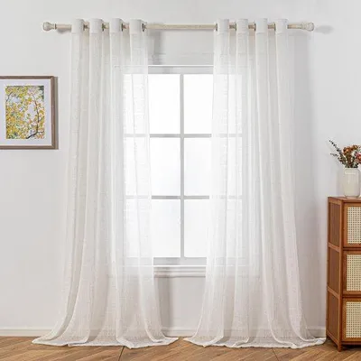 Image de Rideaux semi-transparents Unyqoos® imitation lin, avec œillets (Ø 4 cm) – Lot de 2, 160 x 140 cm par pièce, couleur beige, translucides, idéaux pour les salons et les chambres