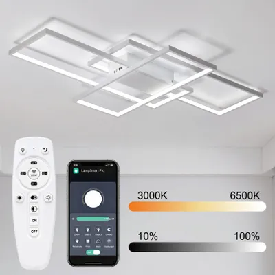 Produktbild von Smart LED Deckenleuchte 90x60cm, Moderne Geometrische Deckenlampe Weiß mit App Steuerung & Fernbedienung, Dimmbar, 3000-6500K, Memory, Wohnzimmerlampe