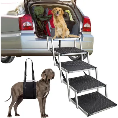 Productafbeelding van Hondentrap voor in de auto, inklapbaar, met 5 treden, geschikt tot 80 kg, huisdiertrap met hondenharnas, antislip oppervlak, verstelbare hoogte van 23.2-26 inch