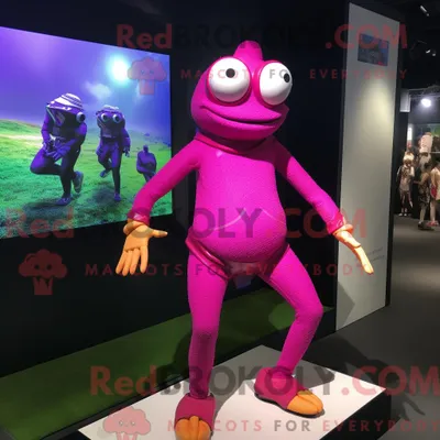 Produktbild von Maskottchen REDBROKOLY eines magentafarbenen Frosches mit Badebekleidung und Armbanduhren