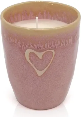 Productafbeelding van Kaars in beker roze hart, handgemaakt aardewerk, 280 ml, prachtig servies met kaars