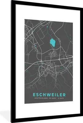Produktbild von MuchoWow® Gerahmtes Poster Stadtplan - Karte - Deutschland - Blau - Eschweiler - Karte 60x90 cm - Poster mit Schwarzem Bilderrahmen Wandposter Rahmen Foto Bilder - Dekoration - Wandposter Wohnzimmer - Hochwertig