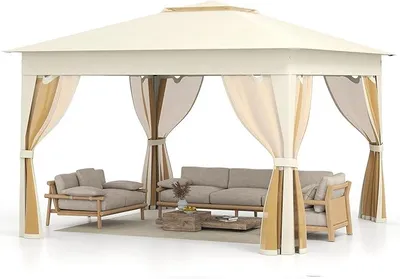 Produktbild von Pavillon 3,4x3,4m, Pop Up Faltpavillon mit 4 Moskitonetz & Doppeldach, Gartenpavillon wasserdicht stabil Winterfest, inkl. Tragetasche, Partyzelt für Terrasse, Garten, Hinterhof, Beige