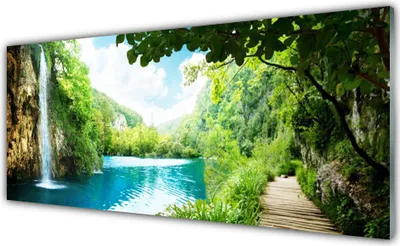 Produktbild von Glasbilder 125x50 Wandbild Druck auf Glas Wasserfall See Bäume Natur