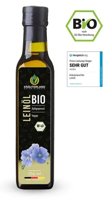 Produktbild von Kräuterland Leinöl kaltgepresst 250ml aus biologischem Anbau Omega-3 Alpha-Linolensäure