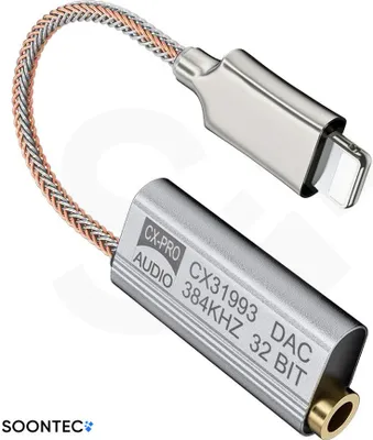 Produktbild von Externe Soundkarte SOONTEC mit Conexant cx31993 DAC Chip und Lightning zu 3,5mm Audio Adapter, Kopfhörer Verstärker, Audio Interface für iPhone, iPad SNR128dB 32b/384kHz