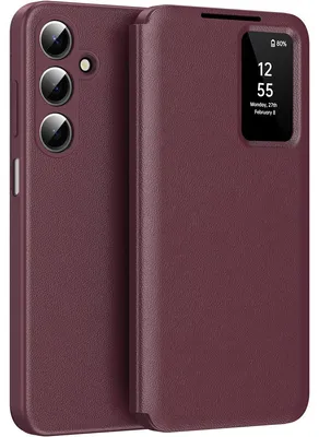 Obrázek produktu pro Kožené flipové pouzdro pro Samsung Galaxy A37, obal s funkcí Smart View okna a přihrádkou na karty Červený