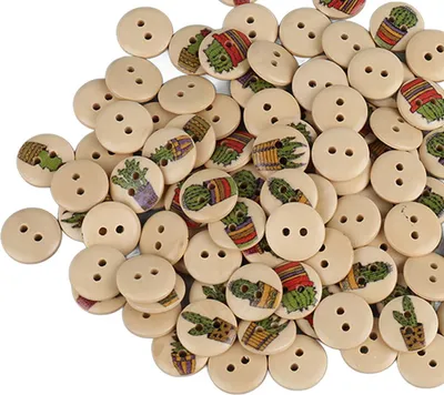 Immagine prodotto di 100 bottoni in legno con stampa mista, 2 fori, rotondi, decorativi, per cucito, bricolage, colore legno, cactus