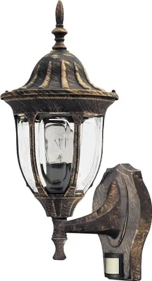 A classic outdoor wall lamp with a bronze and gold finish.
