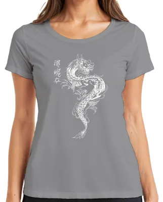 Productafbeelding van Japans draak tattoo, oosterse draak, Azië, koi, vlam, dames T-shirt, grijs, maat L