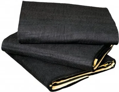 Three folded pieces of black sound-dampening material are stacked on a white background.