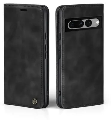 Two views of a black flip-style phone case for a Google Pixel 7 Pro.