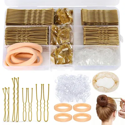 Produktbild von 385-teiliges Haarspangen-Set – 150 U-förmige Haarnadeln, 125 Haarklammern, 100 Haargummis, 6 Haarknotennetze, 4 Haargummis – Haaraccessoires für Damen, goldenes Haarspangen-Set mit Aufbewahrungsbox