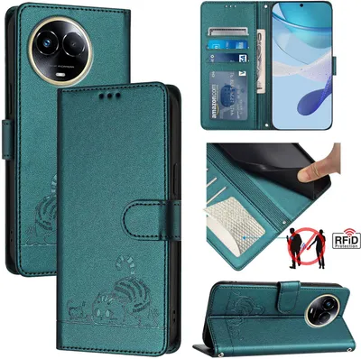 Produktbild von Leder Hülle für Realme 11 5G Süße Katze Flip Case Brieftasche Schutzhülle mit Standfunktion Grün