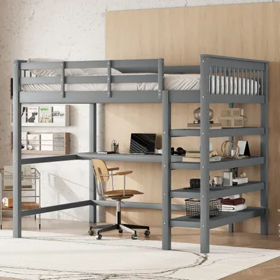 Obrázek produktu pro okwish Dětská postel 140 x 200 Patrová postel s úložnými přihrádkami a psacím stolem pod postelí, Šedá