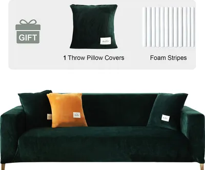 Obrázek produktu pro Sametový potah na pohovku 4 Seater- Soft Stretch Couch Cover Anti Slip Sofa Cover Plush Sofa Slipcovers with 1 Cushion Cover for Living Room, Green, 4 Seater