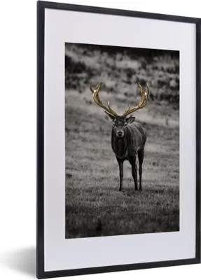 Produktbild von MuchoWow® MuchoWow® Gerahmtes Poster Hirsch - Gold - Geweih 40x60 cm - Poster mit zchwarzem Bilderrahmen - Poster in Rahmen