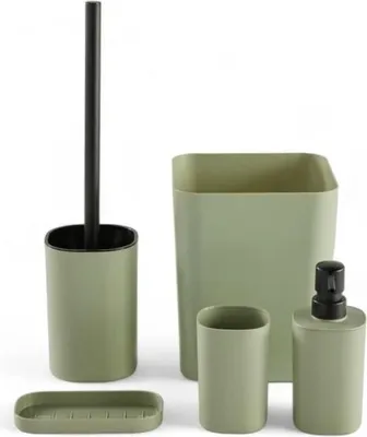 Produktbild von 5-teiliges Badezimmer Accessoires Set, Seifenspender, Zahnbürstenhalter, Seifenschale, WC-Bürste, Mülleimer, Grün