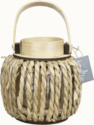 Produktbild von INNA-Glas Holz Laterne LUCELIA mit Teelichtglas, Henkel, geflochten, beige, 18 cm, Ø 18 cm - Tischlicht