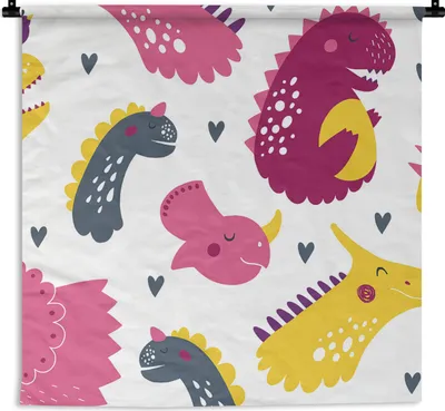 Produktbild von MuchoWow® Wandteppich Wandbehang Dino - Muster - Kind - Rosa - Mädchen 120x120 cm Tapisserie Dekoration Wandtuch - Modern - Baumwollgewebe
