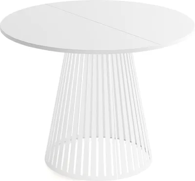 Obrázok produktu pre Okrúhly rozkladací jedálenský stôl s lamelami v štýle loft - 100 až 180 cm - Priemyselný stôl s bielymi kovovými nohami, šetrí miesto v obývačke alebo jedálni - Biely
