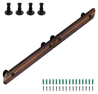 Zdjęcie produktu dla Poręcz ścienna Vigevee wykonana z drewna sosnowego, 150 cm, możliwość łączenia w dłuższą poręcz, kolor brązowy z widocznym usłojeniem, z metalowymi uchwytami