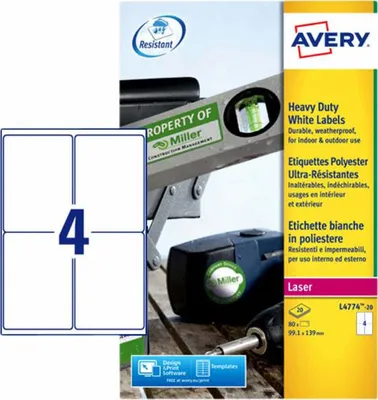 Zdjęcie produktu dla Avery – etykieta L4774-20, 99,1 x 139 mm, poliester, biała, 80 etykiet