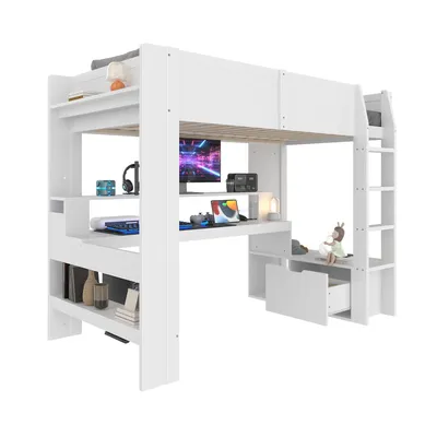 Produktbild von Hochbett mit LED-Beleuchtung und Schreibtisch, 90x200 cm, Kinderbett mit Rausfallschutz und Trittleiter, Kiefer
