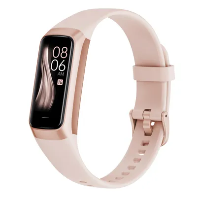 A pink smartwatch with a rose gold bezel is shown against a white background.