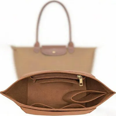 Zdjęcie produktu dla Organizer do torebki - organizer do torebek - rozmiar L - 28x25x17 cm - z wieloma kieszeniami zapinanymi na zamek - do torebek i torebek na ramię - w kolorze czerwono-brązowym