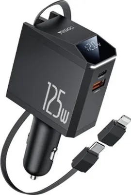 Image de Chargeur de voiture Yesido 125 W avec ports USB-C/USB-A et câble rétractable USB-C/Lightning