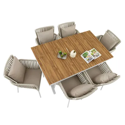 Produktbild von Gartenmöbel Set AFUERA aus Alu in Weiß/Champagner - moderne Outdoor Sitzgruppe mit Tischplatte in Holzoptik und Rope, inkl. Sitzkissen, Terassenmöbel
