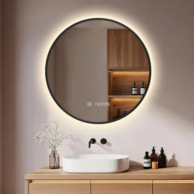 Produktbild von S'AFIELINA Badspiegel mit Beleuchtung Rund 70 cm Diameter,LED Badspiegel mit Touch, Beschlagfrei, Dimmbar, Uhr, Temperatur, Speicherfunktion,Schwarzer
