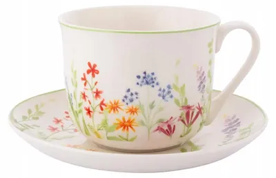 Produktbild von Jumbo Porzellan Tasse mit Untertasse 450 ml Weiß mit Blumen, Kaffee Tee Becher Set 1 Stück